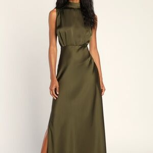 Lulus Classic Elegance Olive Satin Sleeveless Mock Neck Maxi Dress Green